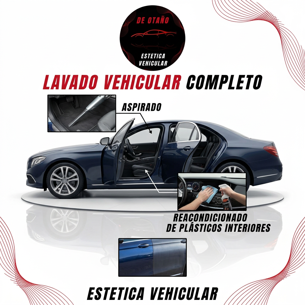 Lavado vehicular completo: aspirado y reacondicionado de plásticos interiores (Estética Vehicular)